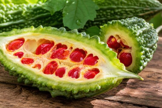 Fresh bitter melon sliced open revealing vibrant red seeds, organic tropical vegetable on rustic wooden table, healthy vegan food ingredient, close-up macro detail, natural lighting, farm to table