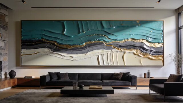 Glinting large abstract painting reflecting shifting sunlight through right window in living room