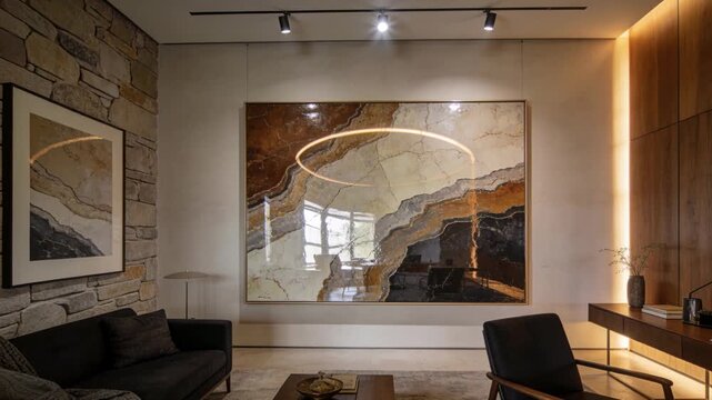 Reflecting large glossy stone artwork showing silhouette walking past outside frame in living room