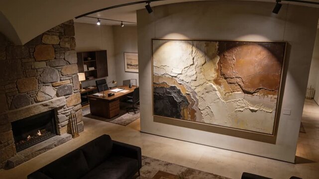 Tilting camera revealing large textured painting in living room showcasing fireplace and desk