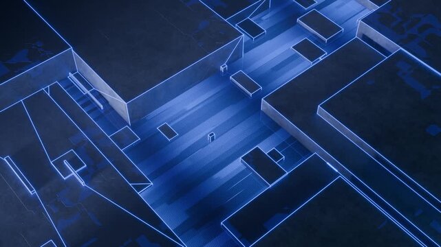 Abstract futuristic technology background featuring glowing blue geometric structures, digital grid lines, and modern cyber architecture for innovation, data, and networking.