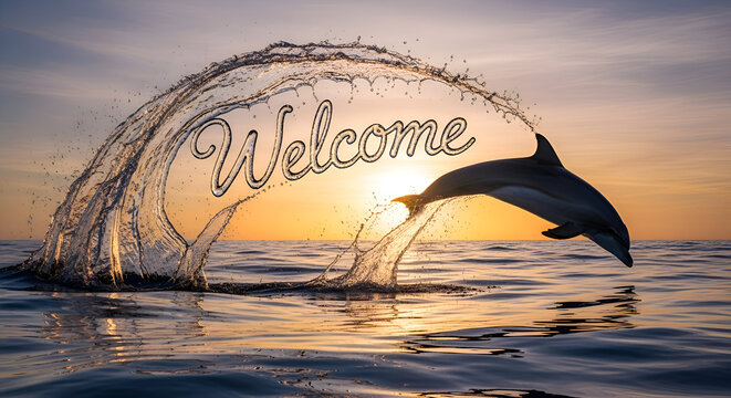 Dolphin Leaping Over Welcome Arch at Golden Sunset Coastal Scene