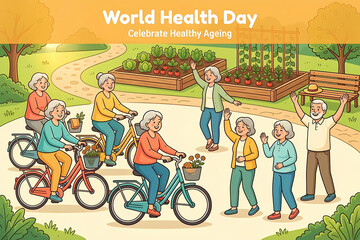 Obraz premium World Health Day celebration with diverse seniors cycling outdoors. Active elderly group riding bikes in vibrant community health awareness event.