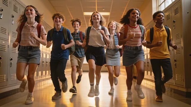 Running 7 students rushing to class in school hallway in casual clothes with backpacks and lockers