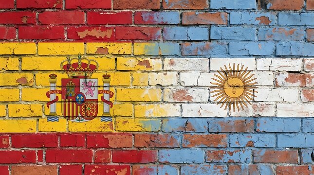 Two national flags, Spain and Argentina, painted on weathered brick wall surface showing textures and grunge effects symbolizing relationship.