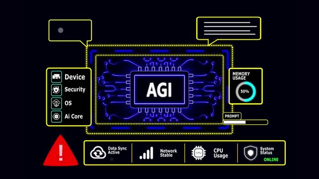 AGI Concept with Warning Symbol and Prompt Bar on Circuit Board Globe artificial general intelligence with Cyber Security Dashboard Animation 4K.