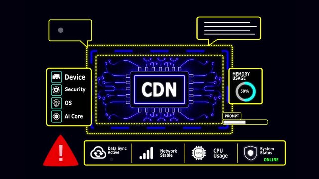Content Delivery Network Error Alert on Digital Circuit Board with Warning Symbol and Progress Bar image with Cyber Security Dashboard Animation 4K.