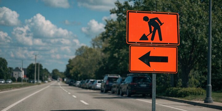 Road work detour sign with directional arrow on suburban street