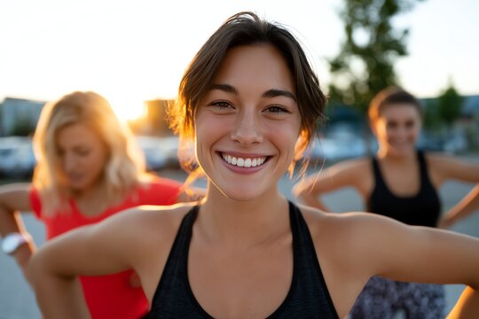 Three young women smiling outdoors during a sunny day, radiating happiness and positivity in a fitness setting, symbolizing friendship and active lifestyle.