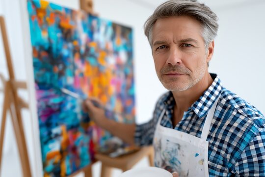 Mature artist in a studio creating an abstract painting on canvas