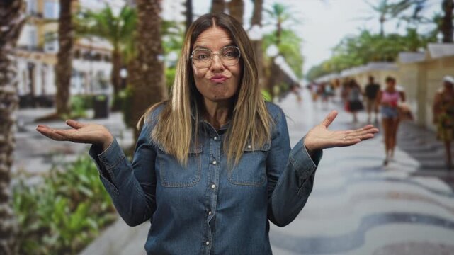 Woman in denim shirt and glasses shrugs with open palms on a palm lined street promenade, pursed lips and puzzled face; confusion uncertainty.