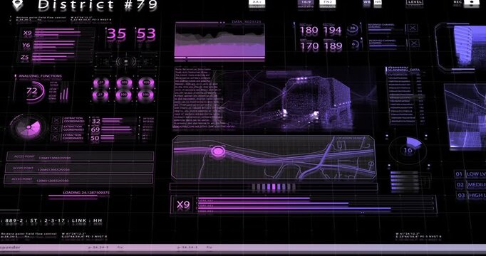 A detailed sci-fi control dashboard tracks a scanned cargo truck with maps, coordinates, and analyzing functions in glowing violet.