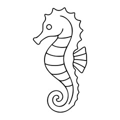 Fototapeta premium Elegant hand-drawn minimalist vector icon illustration showing a seahorse with swirling tail and textured fins in precise black outline line art style ideal for scalable ocean wildlife designs and