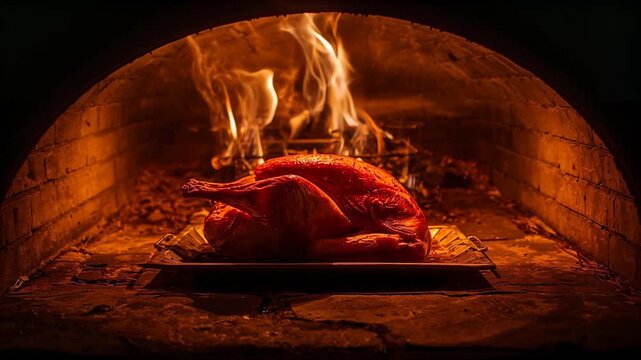 Rising flames bathing whole roasted bird on metal tray in brick oven, finishing roast with embers