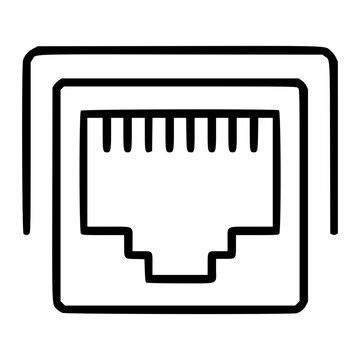 Clean hand-drawn minimalist vector icon illustration of an ethernet port connector with detailed pin layout in black outline line art style perfect for scalable technology network hardware designs