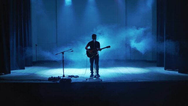 Walking musician wearing jeans to center stage after light cue, aligning guitar into mic to perform