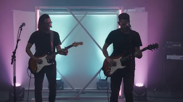 Playing opening riff, two guitarists in dark shirts trading riffs on stage with lit frame