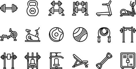 A comprehensive collection of eighteen flat black line icons representing common gym equipment and fitness accessories arranged in a neat grid for professional design projects © HasnaAkther