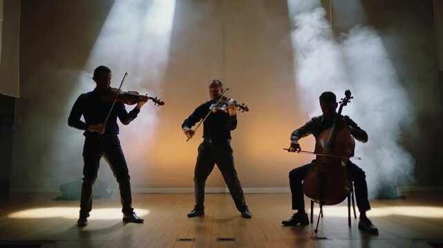 Cueing spotlights bathing string trio in black, performing on proscenium with violins cello fog