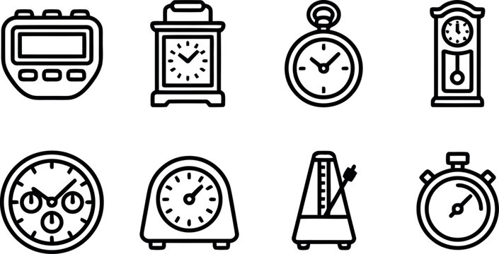 Variety of timekeeping devices clock and stopwatch icons set isolated on transparent background