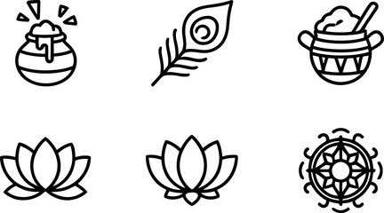 Fototapeta premium A collection of six minimalist line art icons representing traditional Indian cultural symbols including a butter pot, peacock feather, lotus flower, and mandala design.