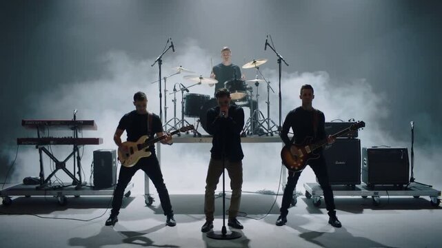 Spotlights cueing lead vocalist leaning into mic in studio, band playing to perform, dark clothes