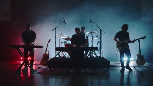 Red uplights switching spurring quartet playing keyboards, drums and guitar on stage, rehearsing