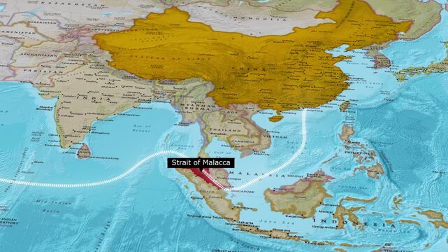 Strait of Malacca Animated Dotted Shipping Route on Full Asia Political Map