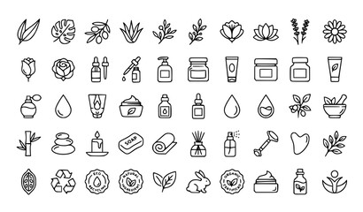 Naklejka premium Organic Beauty and Skincare Icon Collection Featuring Cosmetic Products, Plants and Natural Wellness Symbols