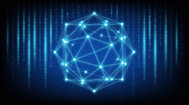 Glowing blue geometric network structure floating against digital binary code background