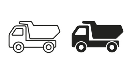 Fototapeta premium Dump Truck Icons: Two stylized icons of a dump truck, one outlined and one solid black, represent heavy-duty transport and construction vehicles.