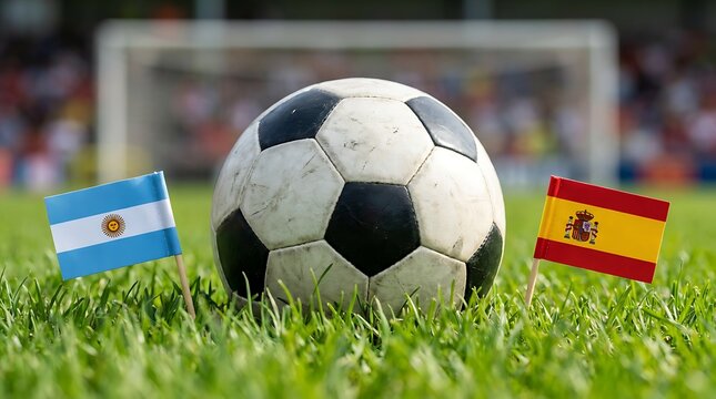Argentina and Spain national flags stand beside dirty soccer ball on green grass field during daylight showing rivalry on sports stadium.