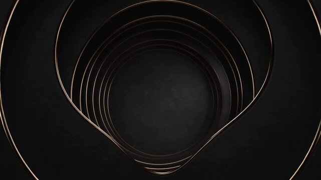 Rising central bulge pushing black ribbons into concentric tunnel in dark studio, gold-edged rims