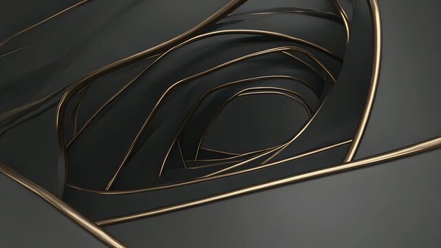 Gliding camera revealing central aperture in studio, showing layered metal ribbons, matte panels