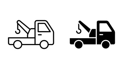 Fototapeta premium Tow Truck Icon: Simple, clean line art and silhouette icons of a tow truck, representing roadside assistance, towing services, and vehicle transport.