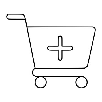 Clean hand-drawn minimalist vector icon illustration of shopping cart plus add to cart symbol line outline scalable black white design suitable for e-commerce business mobile apps web interfaces
