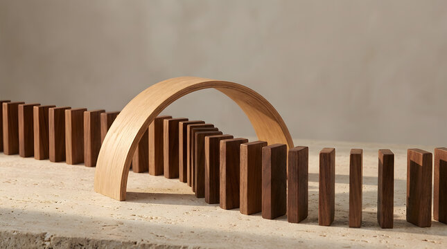 Economic recovery concept with rebuilding domino pathway and wooden arch