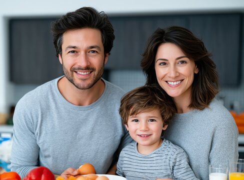 Happy family enjoying time together in their home kitchen, smiling warmly at the camera, surrounded by fresh vegetables and fruits, fostering a sense of unity and love.