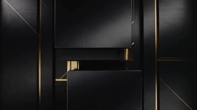 Running gold filament flaring across set, causing matte-black panels sliding, revealing gold edges