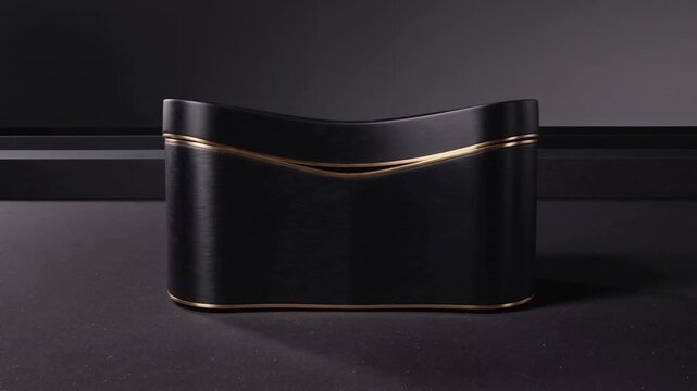 Starting elevated matte-black form rotating on low stage, lowering center post, revealing gold trim