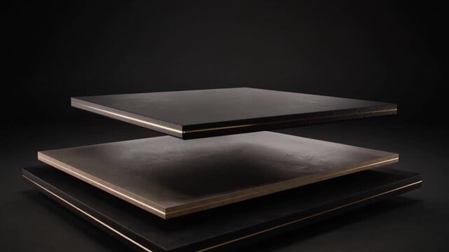 Initial lift sending three black panels parting on dark studio showing gold trim and layered core