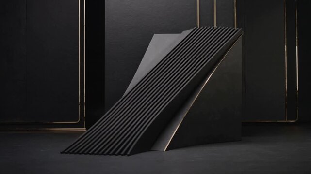 Unfolding black block when triggered, revealing curved ribbed sheet on dark stage with gold trim