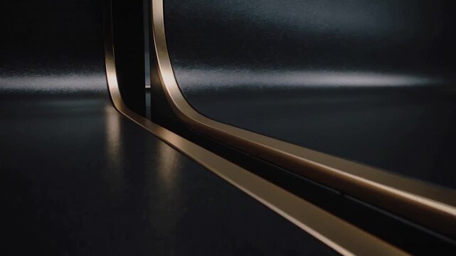Sliding gold-edged rails shifting on dark platform as camera moves in, revealing layered seams