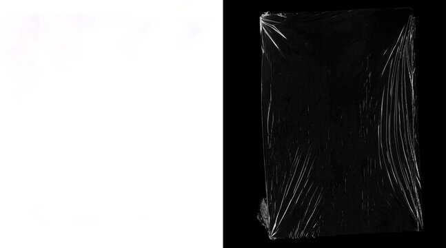 Crumpled plastic wrap texture on black background, transparent cellophane overlay for design, wrinkled polyethylene film material, realistic shrink wrap