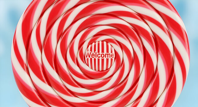 Close up of swirling red and white striped candy texture with glossy surface and spiral pattern