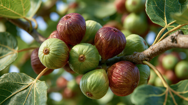 closeup fig tree laden with ripe fruit