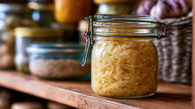 Single glass jar of homemade sauerkraut on wooden pantry shelf, representing winter food preservation, fermented vegetables, slow living, pantry storage and traditional home cooking