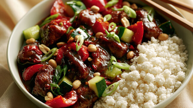 glazed chicken stir fry bowl with rice and vegetables