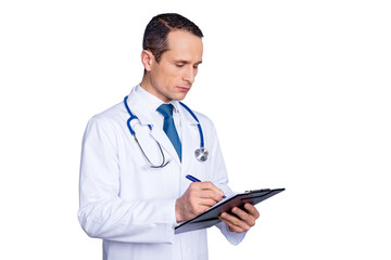 Medicare wellness wellbeing therapy remedy treatment lab intern control notes people person read concept. Half-turned portrait of qualified professional serious confident doc isolated gray background © deagreez