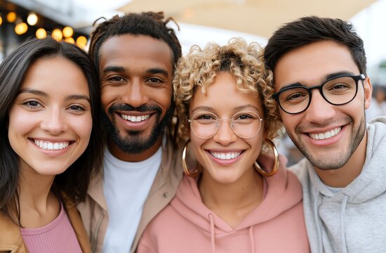 A cheerful group of four diverse friends smiling and enjoying each other's company in an outdoor setting, conveying friendship and happiness.